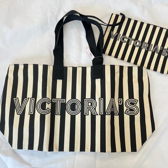Victoria's Secret Pink Tote Weekender Bag Black Off White Vertical Stripe Canvas - Picture 3 of 5